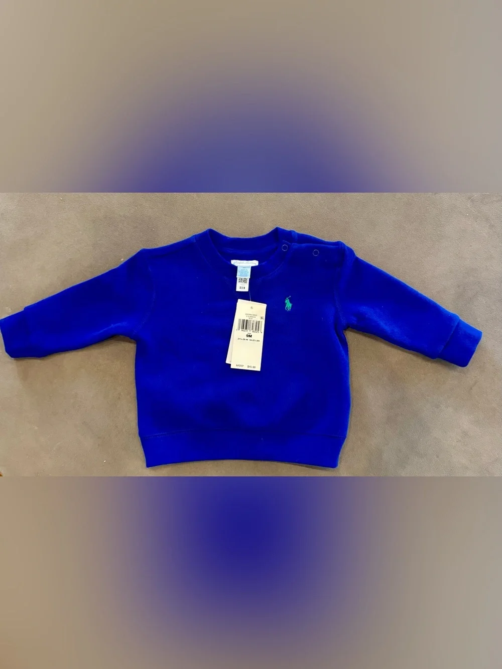 Ralph Lauren Royal Blue Baby Crewneck Sweatshirt with Green Polo Logo